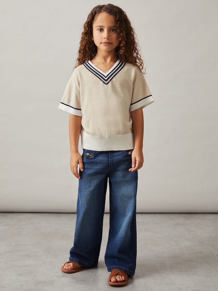 Reiss Neutral Ida 9-13 yrs Cotton-Linen Knit V-Neck Cricket Top - Image 1 of 4