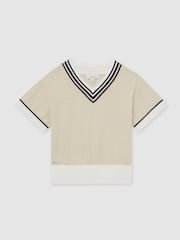 Reiss Neutral Ida 9-13 yrs Cotton-Linen Knit V-Neck Cricket Top - Image 2 of 4