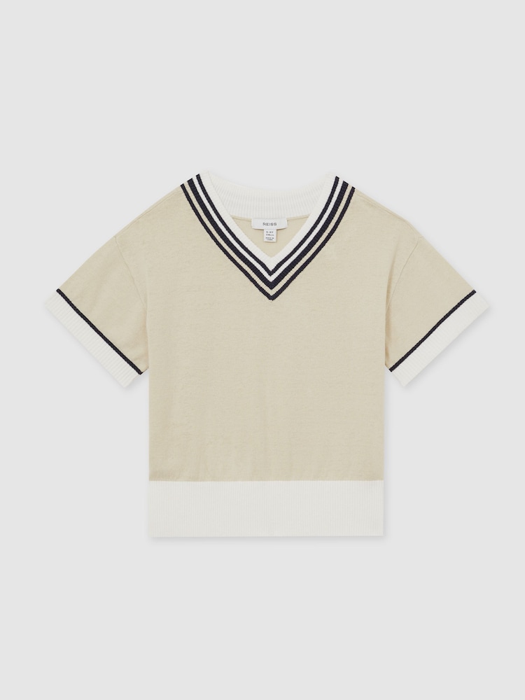 Reiss Neutral Ida 9-13 yrs Cotton-Linen Knit V-Neck Cricket Top - Image 2 of 4