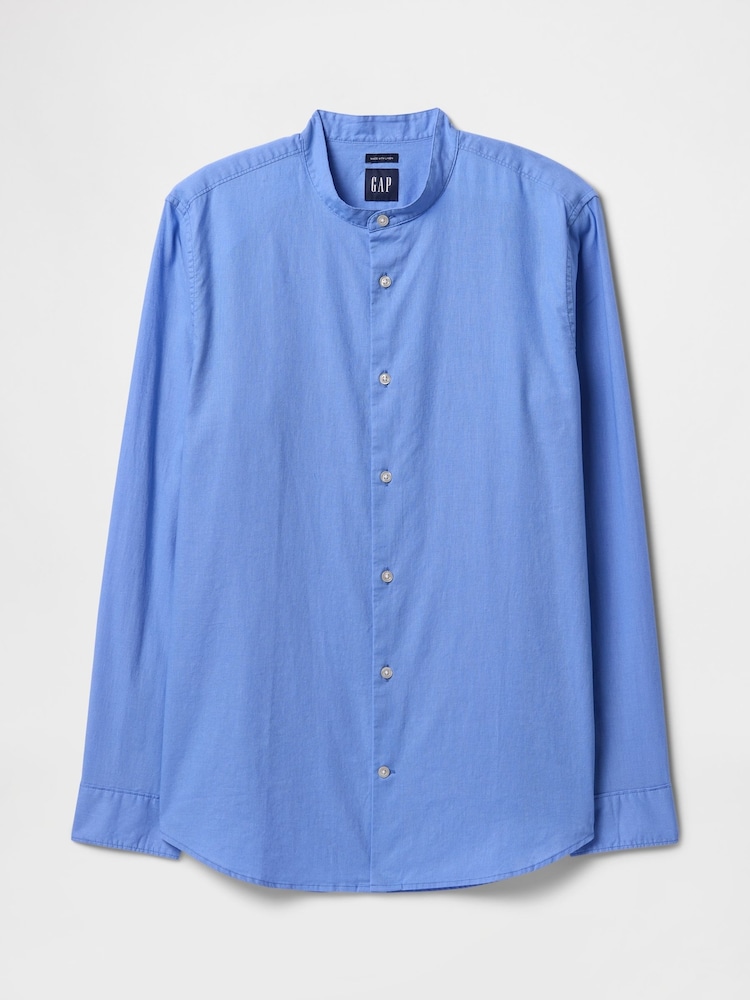 Gap Blue Linen-Cotton Straight Fit Band Collar Shirt - Image 1 of 2