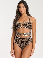 South Beach Brown Starfish Cut Out Embroidered Halter Tummy Control Swimsuit - Image 1 of 6