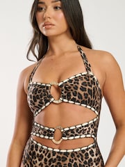 South Beach Brown Starfish Cut Out Embroidered Halter Tummy Control Swimsuit - Image 3 of 6