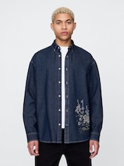 Gap Dark Indigo Blue Embroidered Denim Oversized Shirt - Image 1 of 10