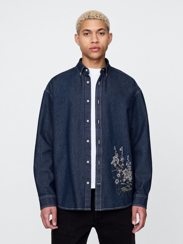 Gap Dark Indigo Blue Embroidered Denim Oversized Shirt - Image 1 of 10