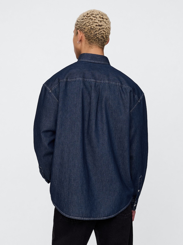 Gap Dark Indigo Blue Embroidered Denim Oversized Shirt - Image 2 of 10
