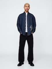 Gap Dark Indigo Blue Embroidered Denim Oversized Shirt - Image 3 of 10