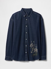 Gap Dark Indigo Blue Embroidered Denim Oversized Shirt - Image 5 of 10