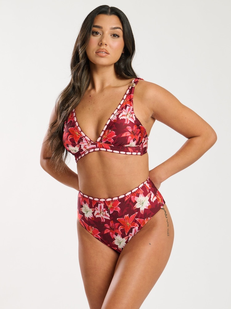 South Beach Red Printed Embroidery Detail High Waist Tummy Control Bikini Set - Image 1 of 6