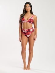 South Beach Red Printed Embroidery Detail High Waist Tummy Control Bikini Set - Image 3 of 6