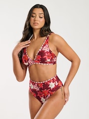 South Beach Red Printed Embroidery Detail High Waist Tummy Control Bikini Set - Image 4 of 6