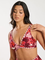 South Beach Red Printed Embroidery Detail High Waist Tummy Control Bikini Set - Image 5 of 6