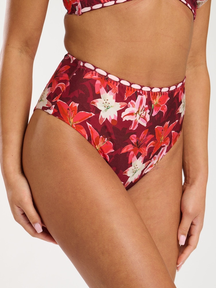 South Beach Red Printed Embroidery Detail High Waist Tummy Control Bikini Set - Image 6 of 6