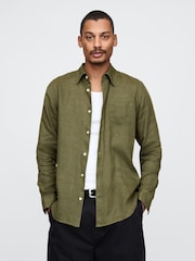 Gap Khaki Green 100% Linen Long Sleeve Classic Shirt - Image 1 of 5