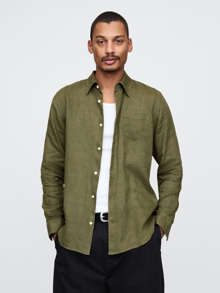 Gap Khaki Green 100% Linen Long Sleeve Classic Shirt - Image 1 of 5