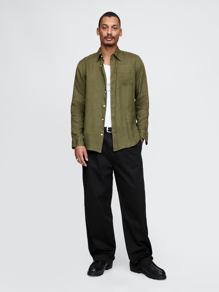 Gap Khaki Green 100% Linen Long Sleeve Classic Shirt - Image 3 of 5