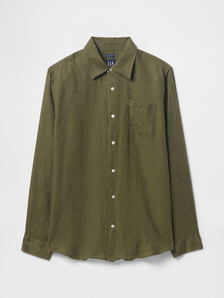 Gap Khaki Green 100% Linen Long Sleeve Classic Shirt - Image 4 of 5
