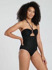 South Beach Black Wavy Rib Ring Halter Tummy Control Swimsuit - Image 1 of 5
