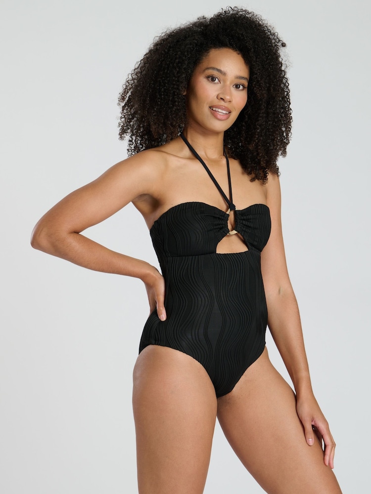 South Beach Black Wavy Rib Ring Halter Tummy Control Swimsuit - Image 1 of 5