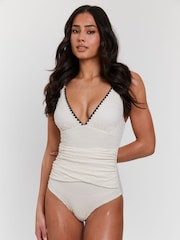 South Beach Cream Crinkle Embroidery Detail Tummy Control Swimsuit - Image 1 of 5