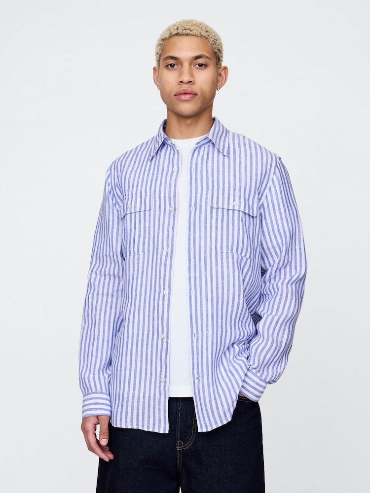 Gap Blue & White Striped 100% Linen Long Sleeve Classic Shirt - Image 1 of 8