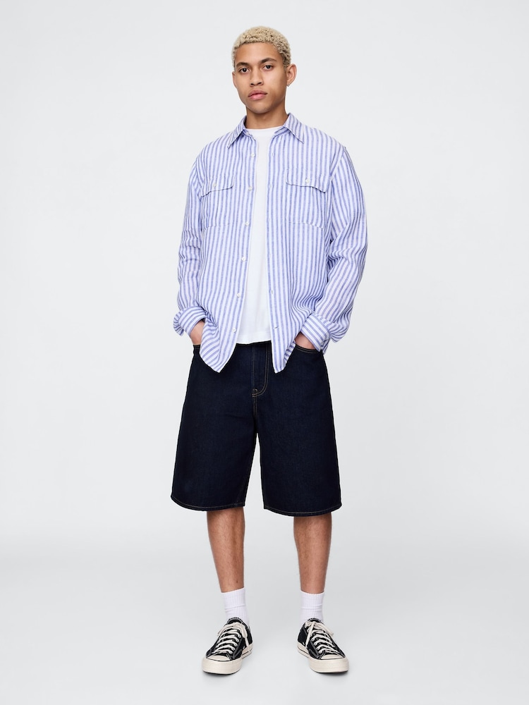 Gap Blue & White Striped 100% Linen Long Sleeve Classic Shirt - Image 3 of 8