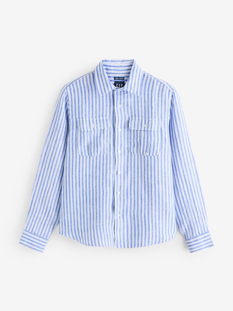 Gap Blue & White Striped 100% Linen Long Sleeve Classic Shirt - Image 4 of 8