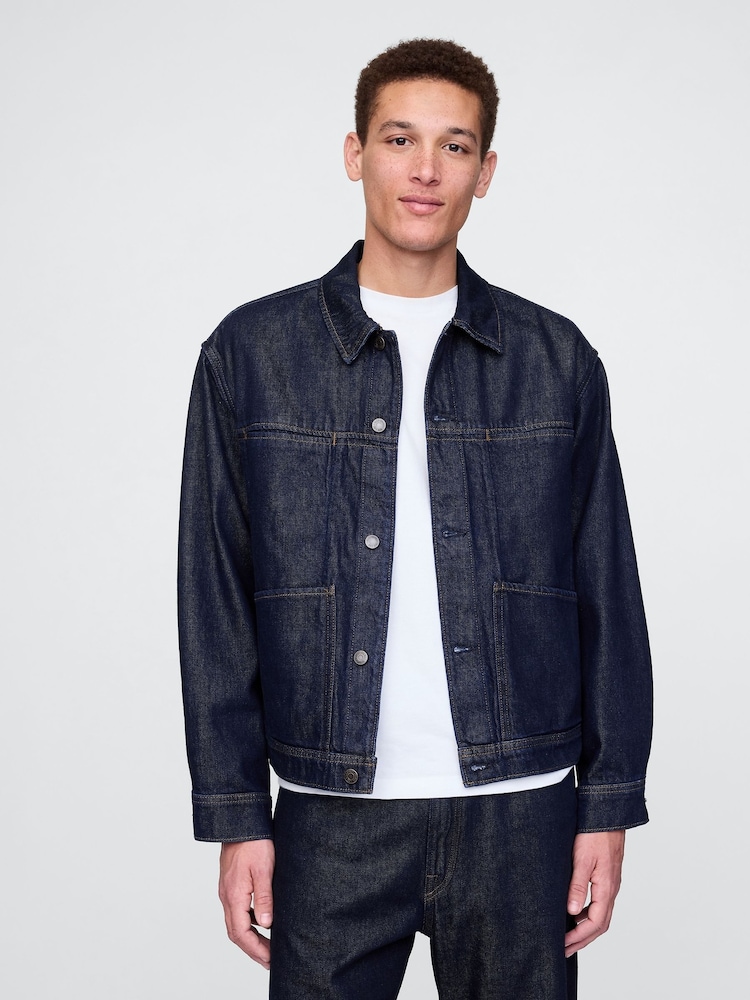 Gap Dark Indigo Blue UltraSoft Boxy Icon Denim Jacket - Image 1 of 5 Gap Dark Indigo Blue UltraSoft Boxy Icon Denim Jacket - Image 1 of 5