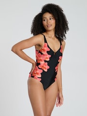 South Beach Black Printed Ring Detail Tummy Control Swimsuit - Image 1 of 6