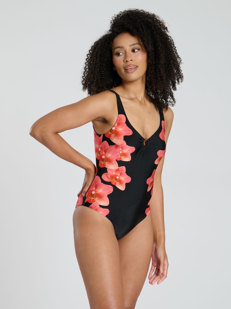 South Beach Black Printed Ring Detail Tummy Control Swimsuit - Image 1 of 6