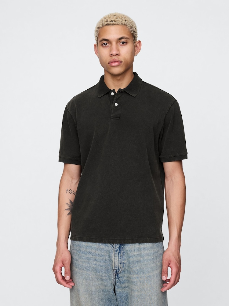 Gap Black Cotton Pique Short Sleeve Polo Shirt - Image 1 of 5 Gap Black Cotton Pique Short Sleeve Polo Shirt - Image 1 of 5