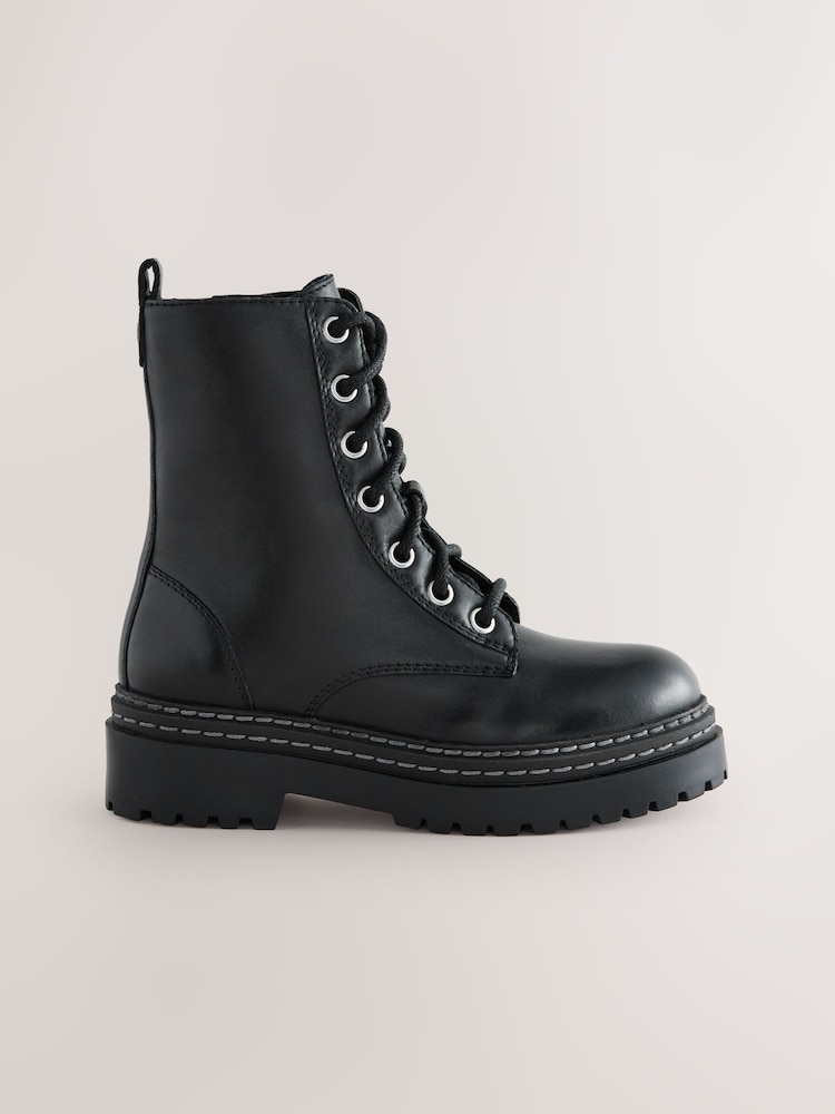 Black Leather Chunky Lace-Up Boots - Image 1 of 5