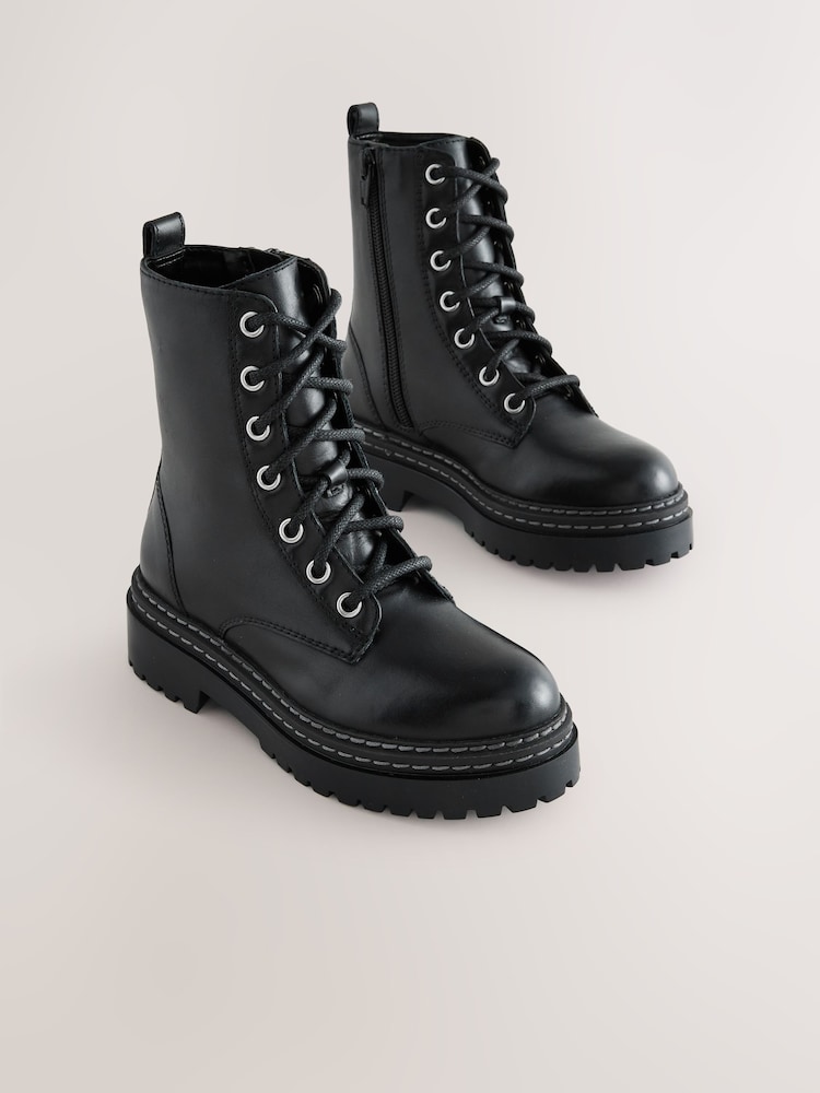 Black Leather Chunky Lace-Up Boots - Image 2 of 5