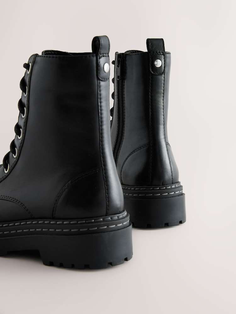 Black Leather Chunky Lace-Up Boots - Image 5 of 5
