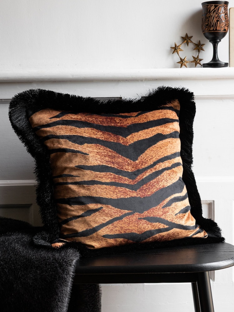 Rockett St George Tiger Velvet Fringe Feather Filled Cushion - Image 1 of 3