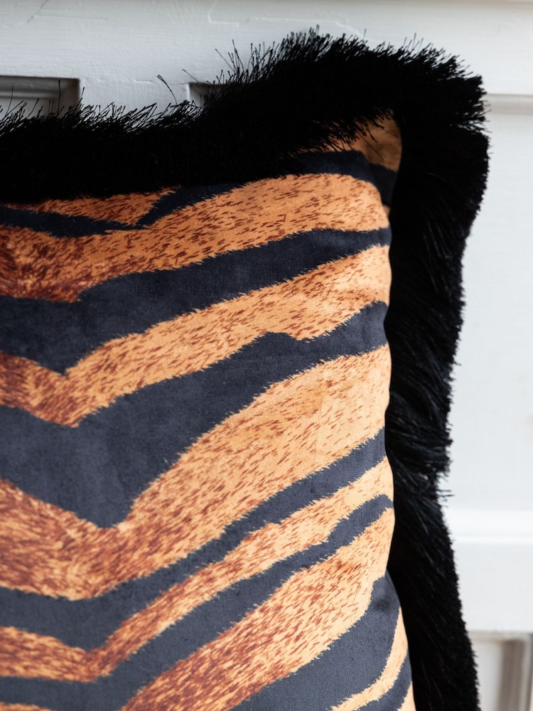 Rockett St George Tiger Velvet Fringe Feather Filled Cushion - Image 2 of 3