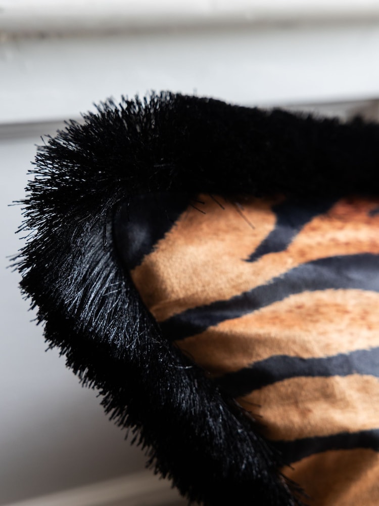 Rockett St George Tiger Velvet Fringe Feather Filled Cushion - Image 3 of 3
