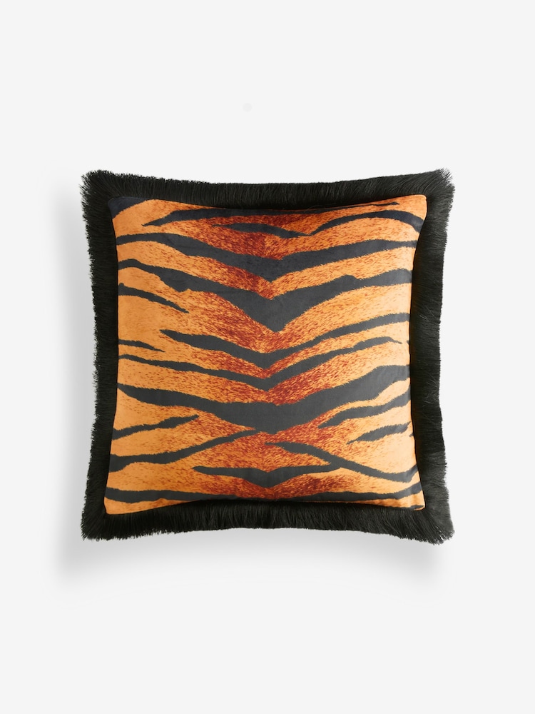 Rockett St George Tiger Velvet Fringe Feather Filled Cushion - Image 5 of 7