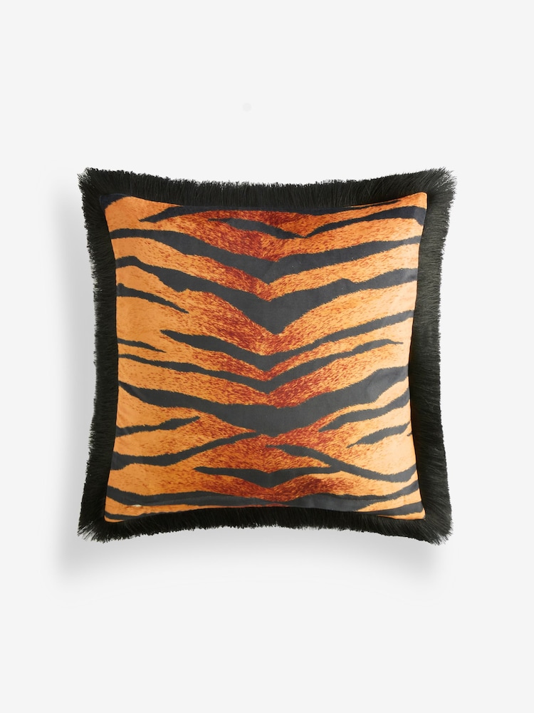 Rockett St George Tiger Velvet Fringe Feather Filled Cushion - Image 6 of 7