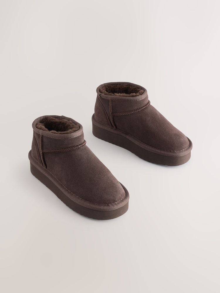 Chocolate Brown Standard Fit (F) Flatform Mini Warm Lined Water Repellent Suede Pull-On Boots - Image 1 of 6