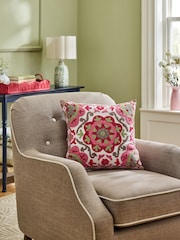 Nina Campbell Pink Fergana Floral Print Embroidered Feather Filled Cushion - Image 1 of 3