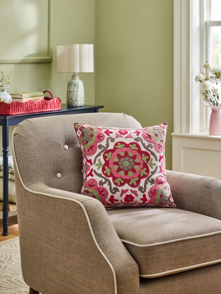 Nina Campbell Pink Fergana Floral Print Embroidered Feather Filled Cushion - Image 1 of 3