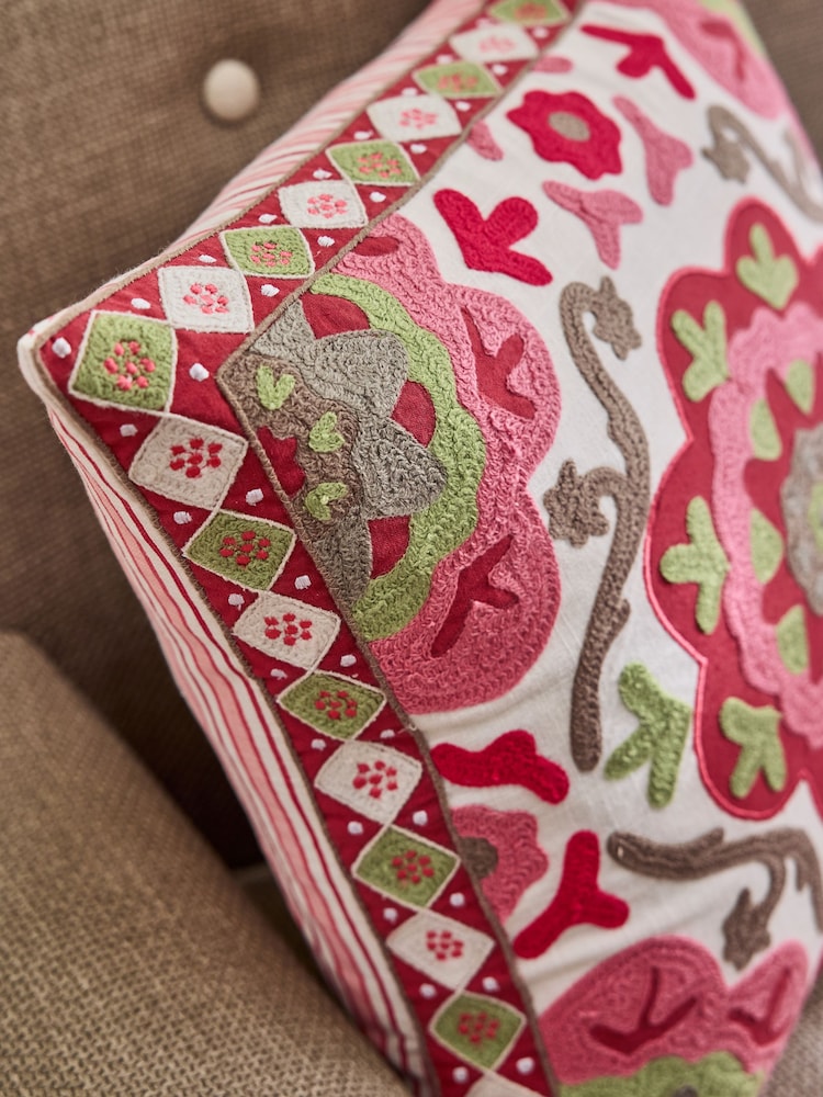 Nina Campbell Pink Fergana Floral Print Embroidered Feather Filled Cushion - Image 3 of 3
