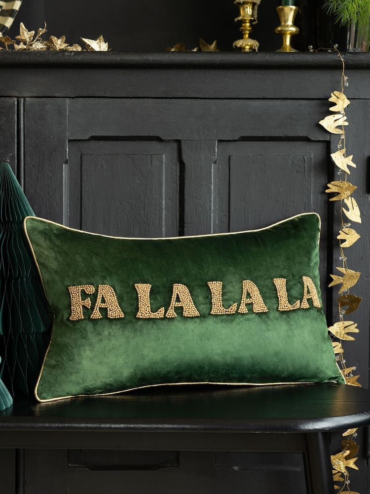 Rockett St George Green Fa La La La Christmas Beaded Slogan Cushion - Image 1 of 6