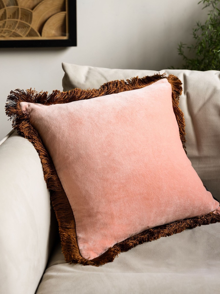 Rockett St George Pink Velvet Fringe Cushion - Image 1 of 3