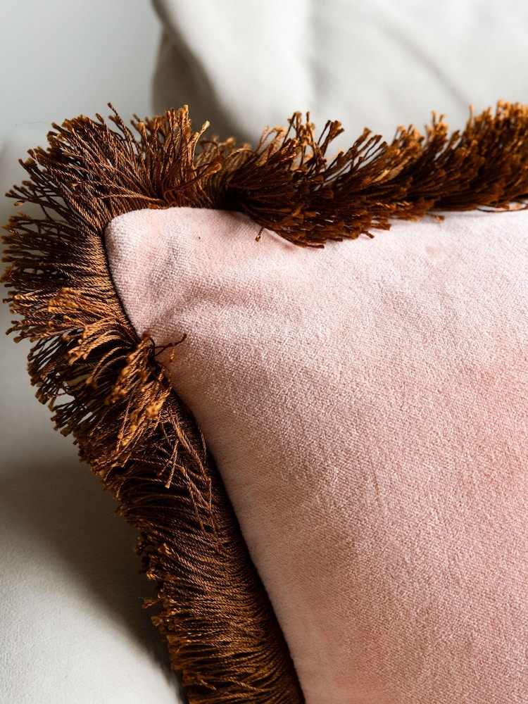 Rockett St George Pink Velvet Fringe Cushion - Image 2 of 3