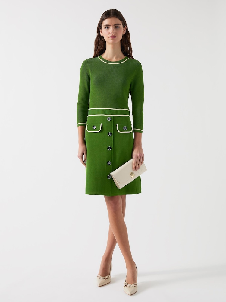 LK Bennett Green Ciara Treetop Viscose Blend Crew Button Through Knit Dress - Image 2 of 6