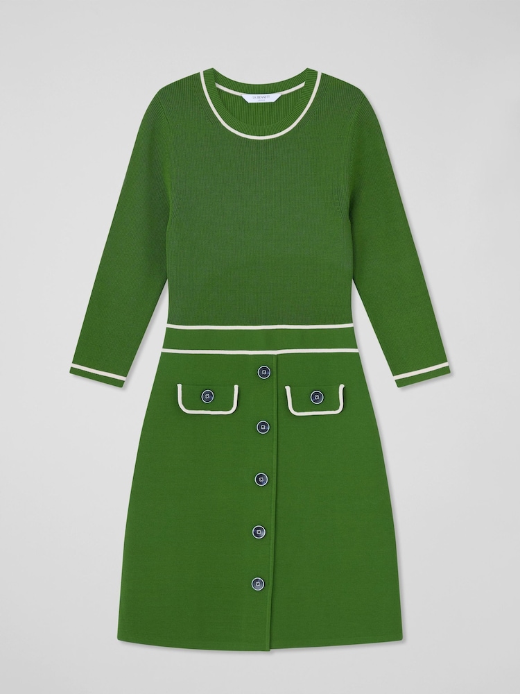 LK Bennett Green Ciara Treetop Viscose Blend Crew Button Through Knit Dress - Image 6 of 6