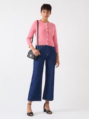 LK Bennett Pink Vanessa Desert Rose Crew Neck Pointelle Detail 100% Cotton Cardigan - Image 1 of 4