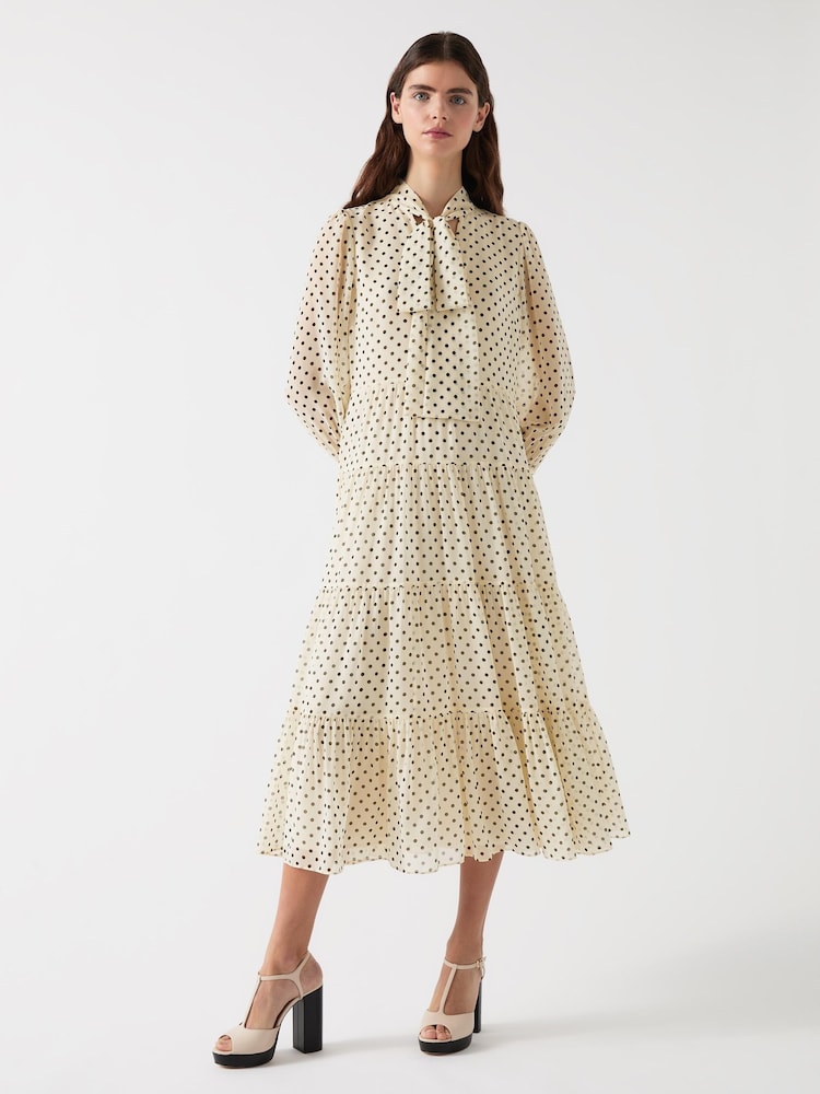 LK Bennett Cream Polly Birch Tie Neck Long Sleeve Georgette Dress - Image 1 of 4