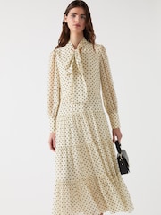 LK Bennett Cream Polly Birch Tie Neck Long Sleeve Georgette Dress - Image 3 of 4